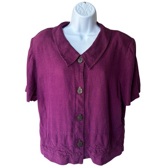 M.H.M. Melissa Harper Leaf-Button Short Sleeve Blouse Plum Drawstring 90s - Picture 1 of 6